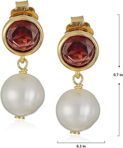 925 Sterling Silver Bezel-Set Gemstone Birthstone and 8mm White Freshwater Cultured Pearl Post Drop Earrings in Saudi Arabia