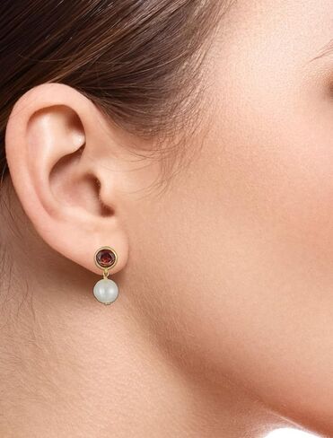925 Sterling Silver Bezel-Set Gemstone Birthstone and 8mm White Freshwater Cultured Pearl Post Drop Earrings in Saudi Arabia