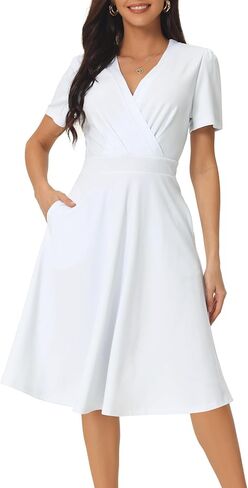 Women's Summer Wrap V Neck Puff Short Sleeve Knee Length Swing Dress with Pockets in Saudi Arabia