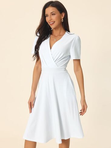 Women's Summer Wrap V Neck Puff Short Sleeve Knee Length Swing Dress with Pockets in Saudi Arabia