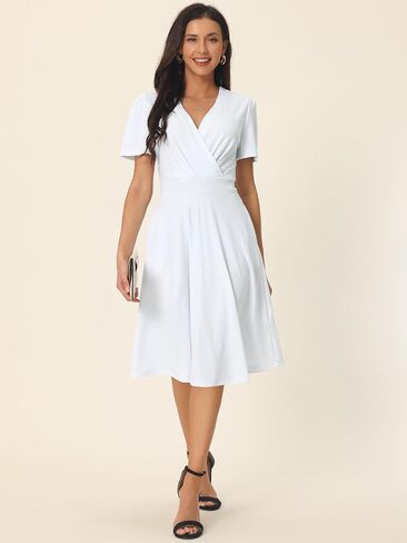 Women's Summer Wrap V Neck Puff Short Sleeve Knee Length Swing Dress with Pockets in Saudi Arabia