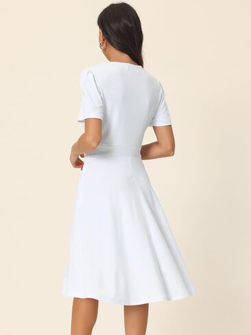 Women's Summer Wrap V Neck Puff Short Sleeve Knee Length Swing Dress with Pockets in Saudi Arabia