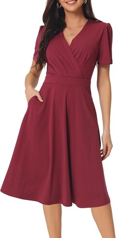 Women's Summer Wrap V Neck Puff Short Sleeve Knee Length Swing Dress with Pockets in Saudi Arabia