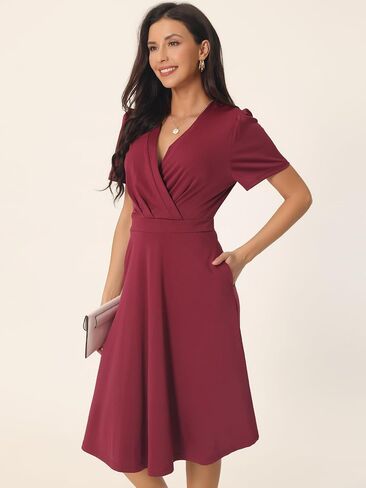 Women's Summer Wrap V Neck Puff Short Sleeve Knee Length Swing Dress with Pockets in Saudi Arabia