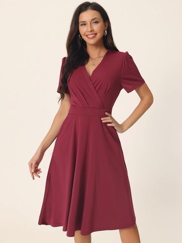 Women's Summer Wrap V Neck Puff Short Sleeve Knee Length Swing Dress with Pockets in Saudi Arabia