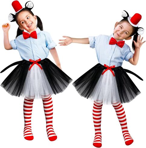 QZYL 8 قطع زي تنكري للقطط، عصابة رأس على شكل أذن القطة، تنورة توتو، ربطة عنق على شكل ذيل قطة، مجموعة جوارب مخططة لحفلات القطط التنكرية in Kuwait