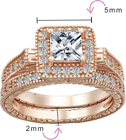 Art Deco Vintage Style 1CT Square Simulated Blue Sapphire Solitaire Cubic Zirconia Brilliant Princess Cut Halo AAA CZ Pave Anniversary Engagement Wedding Band Ring Set Rose Gold .925 Sterling Silver in Saudi Arabia
