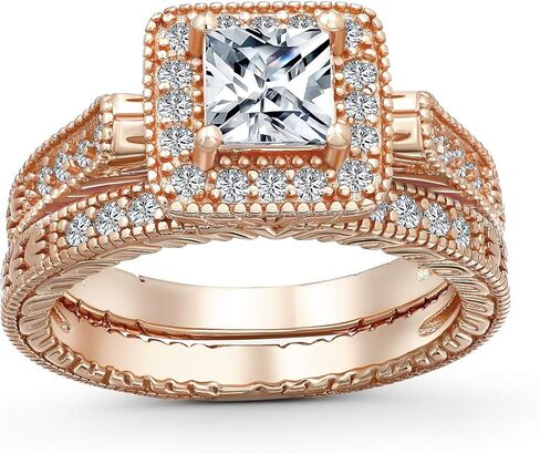 Art Deco Vintage Style 1CT Square Simulated Blue Sapphire Solitaire Cubic Zirconia Brilliant Princess Cut Halo AAA CZ Pave Anniversary Engagement Wedding Band Ring Set Rose Gold .925 Sterling Silver in Saudi Arabia