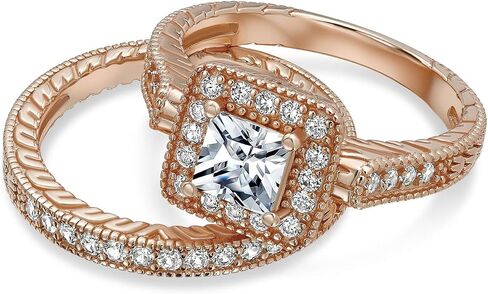 Art Deco Vintage Style 1CT Square Simulated Blue Sapphire Solitaire Cubic Zirconia Brilliant Princess Cut Halo AAA CZ Pave Anniversary Engagement Wedding Band Ring Set Rose Gold .925 Sterling Silver in Saudi Arabia