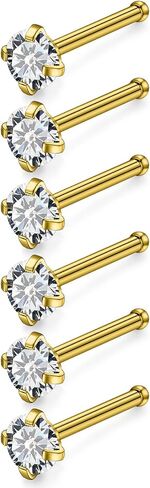 Qiwnswoy 6PCS Surgical Steel/Titanium Nose Rings Studs L-Shape Nose Nostrial Piercing Body Jewerly for Women 22g/20g/18g in Kuwait