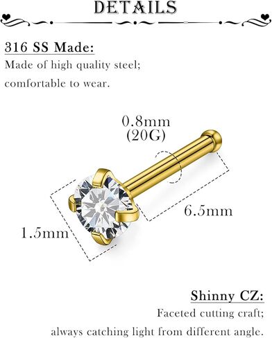 Qiwnswoy 6PCS Surgical Steel/Titanium Nose Rings Studs L-Shape Nose Nostrial Piercing Body Jewerly for Women 22g/20g/18g in Kuwait