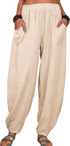 Qiaomai Womens Cotton Blend Harem Beach Lightweight Tapered Baggy Pants Summer in Saudi Arabia