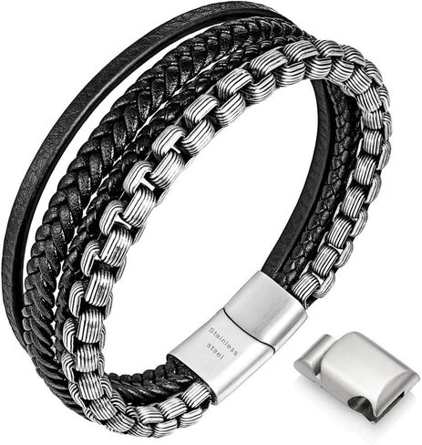 Speroto mens bracelets,leather and steel bracelets for men,chain bracelets with magnetic clasp in 8.7' in Kuwait