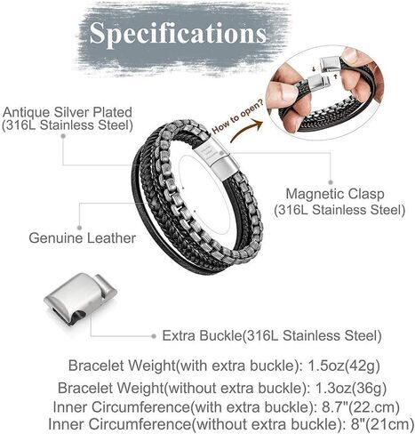 Speroto mens bracelets,leather and steel bracelets for men,chain bracelets with magnetic clasp in 8.7' in Kuwait