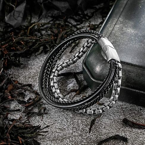 Speroto mens bracelets,leather and steel bracelets for men,chain bracelets with magnetic clasp in 8.7' in Kuwait