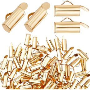 Beebeecraft 1 Box 100Pcs Slide On End Clasp Tubes 18K Gold Plated Stainless Steel Slider End Clasps Tubes Crimp End Tube for Necklace Bracelet Jewellery Making