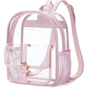 Missnine Clear Backpack Stadium Approved, Heavy Duty PVC Mini Clear Bag with Leather Trim for Concert, Sport Events, Daily, Khaki