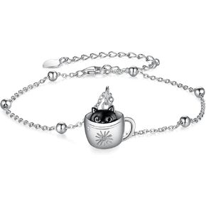 Black Cat Bracelet for Women,925 Sterling Silver Cup Cat Dangle Bracelets,Cute Animal Drop Beads Hand Link Jewelry Gifts for Women Mom Wife