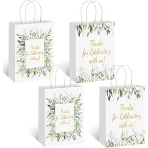 Colarr 24 Pcs Greenery Thank You Gift Bags Bulk 4 Design Wedding Bags with Handles Thank You Paper Bags Baby Shower Favor Bags for Wedding Birthday Favors Graduation Party Gifts 6.3 x 3.1 x 8.7 Inches