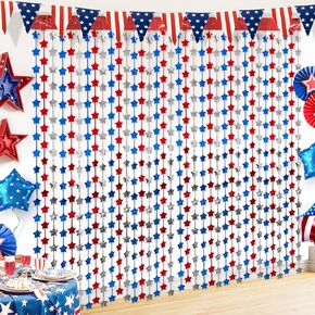 Labeol 4th of July Decorations, 4 Pack Red Blue and White Star Tinsel Foil Fringe Curtains with 1 Pack Banner, Independence Day Fringe Curtain Backdrop for Photo Booth, Memorial Day, Patriotic Party