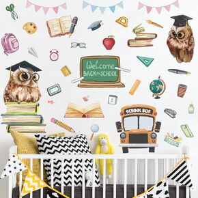 Owl Books Educational Wall Decals Cartoon Owl Doctoral with Books Wall Sticker Learning Tools School Bus Decor Welcome Back to School Wallpaper for Kids Baby Bedroom Nursery Classroom Decoration 1496