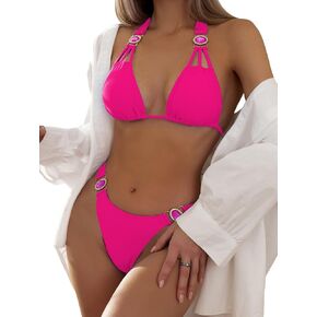 SweatyRocks Women's Rhinestone Ring Linked Halter Bikini Set High Cut Two Piece Bathing Suit