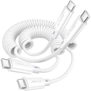 JSAUX Coiled USB C Cable 100W [2-Pack, 3ft+6ft], USB C to USB C Cable for Car, USB C Charger Cable Fast Charging for iPhone 15/15 Pro/15 Pro Max, Samsung Galaxy S24 S23 S22, MacBook Pro, iPad Pro/Air