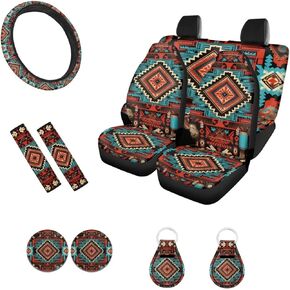 Aztec Car Seat Covers Full Set for Women Cat Paw Front Back Seat Protector, Steering Wheel Cover, Seat Belt Shoulder Pad/Coasters/Keychains Custom