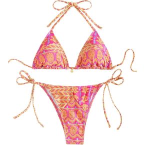 WDIRARA Women's 2 Piece Floral Print Swimsuits Geometric Halter String Triangle Bikini Set Beach Bathing Suit