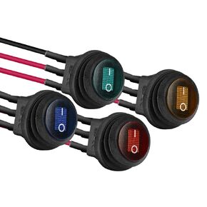 APIELE Waterproof Round Rocker Toggle Switch 2 Position DC 12V 20A ON-Off with LED Light SPST 3 Pins 4Pcs KCD1-8-101NW 20mm Pre-Wired (Multicolored)
