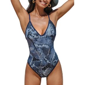 CUPSHE Women's One Piece Swimsuit Deep V Neck Crisscross Back Tie Adjustable Straps Cheeky High Cut
