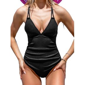 CUPSHE Women's One Piece Swimsuit Deep V Neck Adjustable Double Straps Ruching Textured Back Hollow O Ring