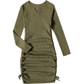 OYOANGLE Girl's Long Sleeve Ribbed Knit Drawstring Side Ruched Bodycon Short Dress