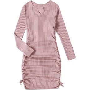 OYOANGLE Girl's Long Sleeve Ribbed Knit Drawstring Side Ruched Bodycon Short Dress