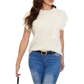 GORGLITTER Women's Mock Neck Short Cap Sleeve Sweater Vest Casual Solid Knit Pullover Top