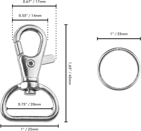 مشابك معدنية دوارة بمشبك مخلب جراد البحر وخطاف ربط الحبل (100 حزمة) 1 5/8 بوصة × 1 بوصة (حلقة واسعة 3/4 بوصة على شكل حرف D) مع حلقات مفاتيح - نتائج المجوهرات أو مشاريع الخياطة in Kuwait