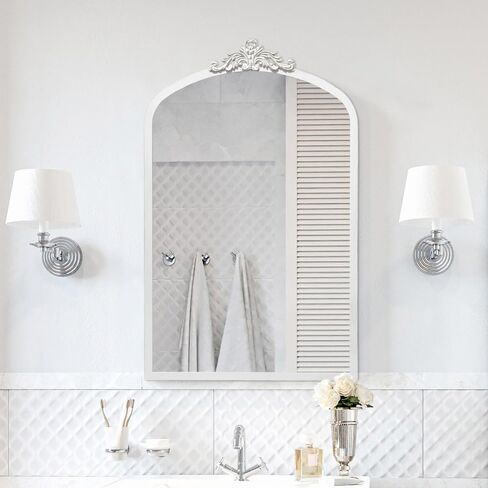 مرآة حمام ذات إطار معدني من Cozdecor مرآة حائط عتيقة بيضاء (32 بوصة × 20 بوصة، أبيض) in Saudi Arabia