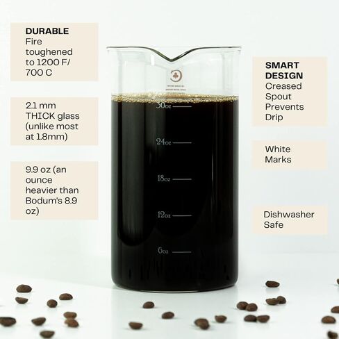 French Press Replacement Glass by Cafe Crush Club - Fire Hardened Borosilicate Beaker - 34 Ounce | 1 Liter Size with White Measures in Saudi Arabia