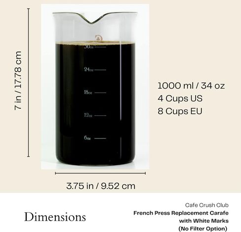 French Press Replacement Glass by Cafe Crush Club - Fire Hardened Borosilicate Beaker - 34 Ounce | 1 Liter Size with White Measures in Saudi Arabia