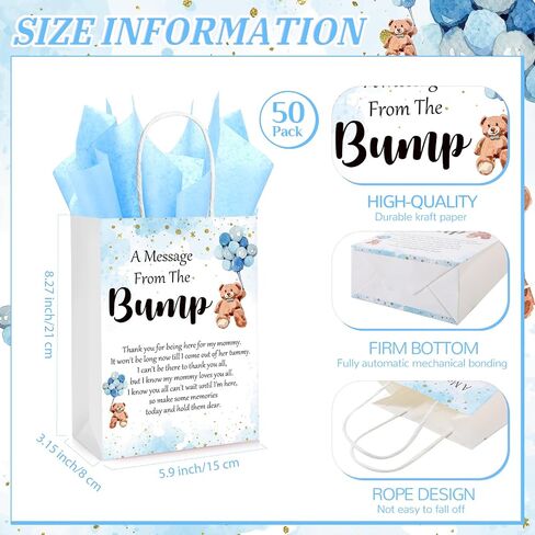50 Sets Gift Bag for Baby Shower 50 Bear Baby Shower Goodie Bags Bear Paper Bag with Handles and Tissue Paper Baby Shower Party Favor Bags for Guests Gender Reveal Return Gift (Blue) in Saudi Arabia