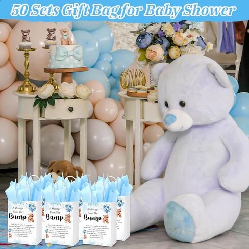50 Sets Gift Bag for Baby Shower 50 Bear Baby Shower Goodie Bags Bear Paper Bag with Handles and Tissue Paper Baby Shower Party Favor Bags for Guests Gender Reveal Return Gift (Blue) in Saudi Arabia