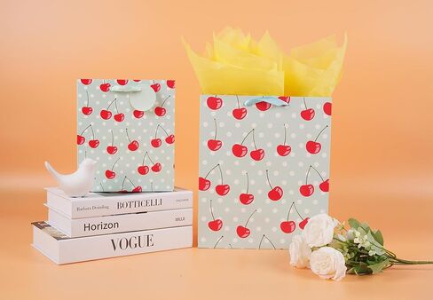 حقيبة هدايا الكرز مقاس 8 بوصات مع مناديل تغليف للنساء والفتيات في عيد ميلاد صغير in Kuwait