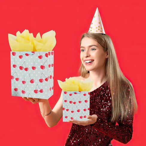 حقيبة هدايا الكرز مقاس 8 بوصات مع مناديل تغليف للنساء والفتيات في عيد ميلاد صغير in Kuwait