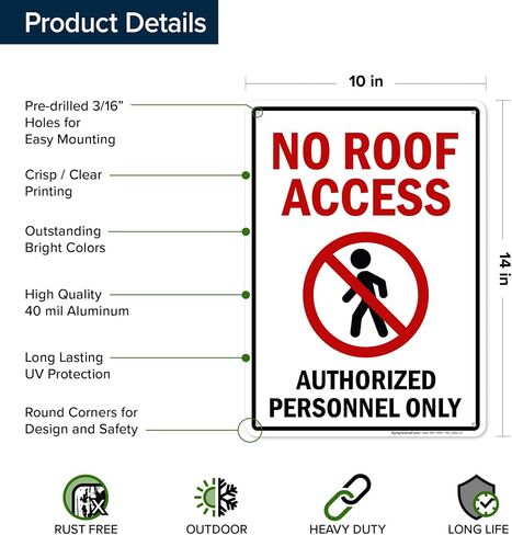 No Roof Access Authorized Personnel Only Sign, 10x14 Inches, Rust Free .040 Aluminum, Fade Resistant, Made in USA by My Sign Center in Saudi Arabia