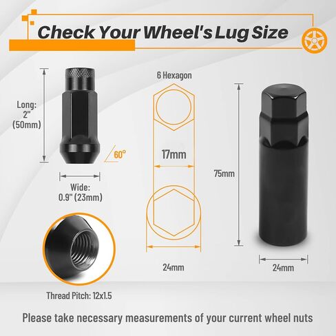 20 قطعة من صواميل العروة المفتوحة M12x1.5 من MIKKUPPA - ارتفاع 50 مم، 60 مقعد مخروطي الشكل مفتوح النهاية، صواميل العروة السوداء لعجلات ما بعد البيع مع مفتاح أداة واحد in Kuwait