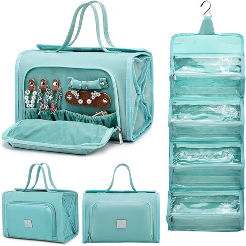 حقيبة مكياج قابلة للطي، حقيبة أدوات الزينة مقاومة للماء للنساء، حقائب معلقة لتنظيم السفر مع حجرة لتنظيم المجوهرات، كبيرة جدًا 4 أكياس شفافة معتمدة من إدارة أمن المواصلات الأمريكية لمكياج مستحضرات التجميل (بنفسجي) in Kuwait