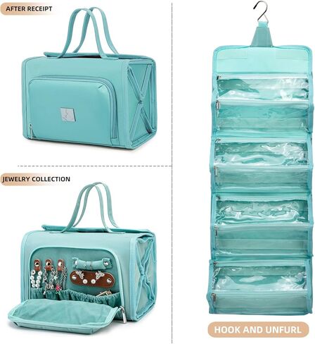 حقيبة مكياج قابلة للطي، حقيبة أدوات الزينة مقاومة للماء للنساء، حقائب معلقة لتنظيم السفر مع حجرة لتنظيم المجوهرات، كبيرة جدًا 4 أكياس شفافة معتمدة من إدارة أمن المواصلات الأمريكية لمكياج مستحضرات التجميل (بنفسجي) in Kuwait