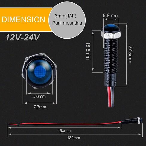 5 قطع 6 مم مؤشر LED ضوء بلاستيكي أسود إشارة نقطة مصباح 12 فولت - 24 فولت 1/4 بوصة حجم ثقب التركيب مع 15 سم / 5.9 بوصة. سلك (LED أزرق) in Saudi Arabia