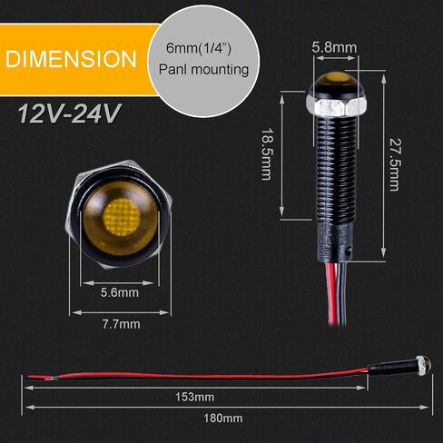 5 قطع 6 مم مؤشر LED ضوء بلاستيكي أسود إشارة نقطة مصباح 12 فولت - 24 فولت 1/4 بوصة حجم ثقب التركيب مع 15 سم / 5.9 بوصة. سلك (LED أزرق) in Saudi Arabia