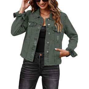 luvamia Denim Jacket for Women 2023 Distressed Jean Jackets Button Up Vintage Western Trucker Jacket Frayed Hem Pockets